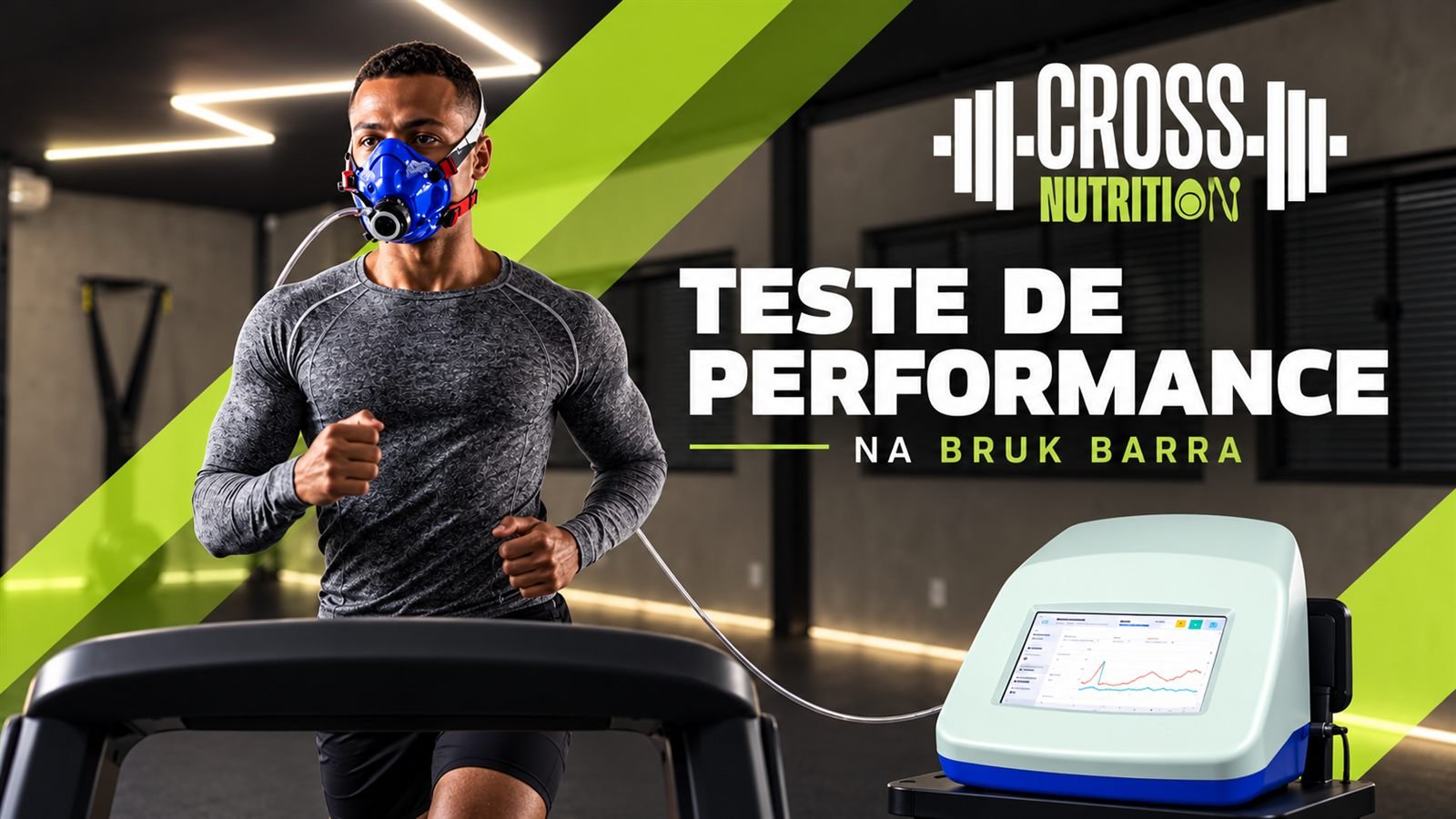 Teste de performance na Bruk Barra: atleta correndo na esteira com máscara do analisador metabólico