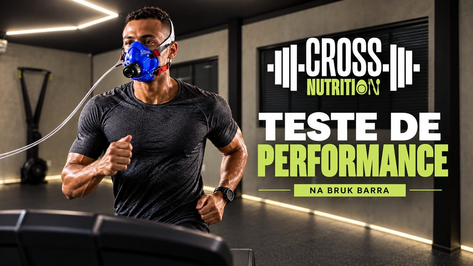 Teste de performance na Bruk Barra: atleta correndo com máscara de análise de gases