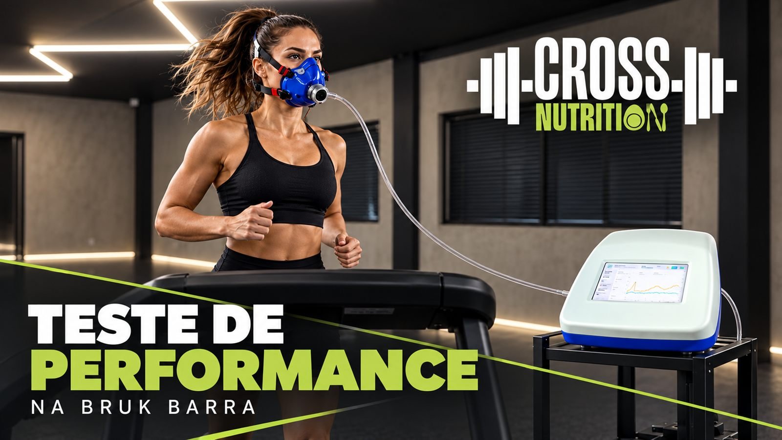 Teste de performance na Bruk Barra: atleta na esteira ao lado do analisador metabólico