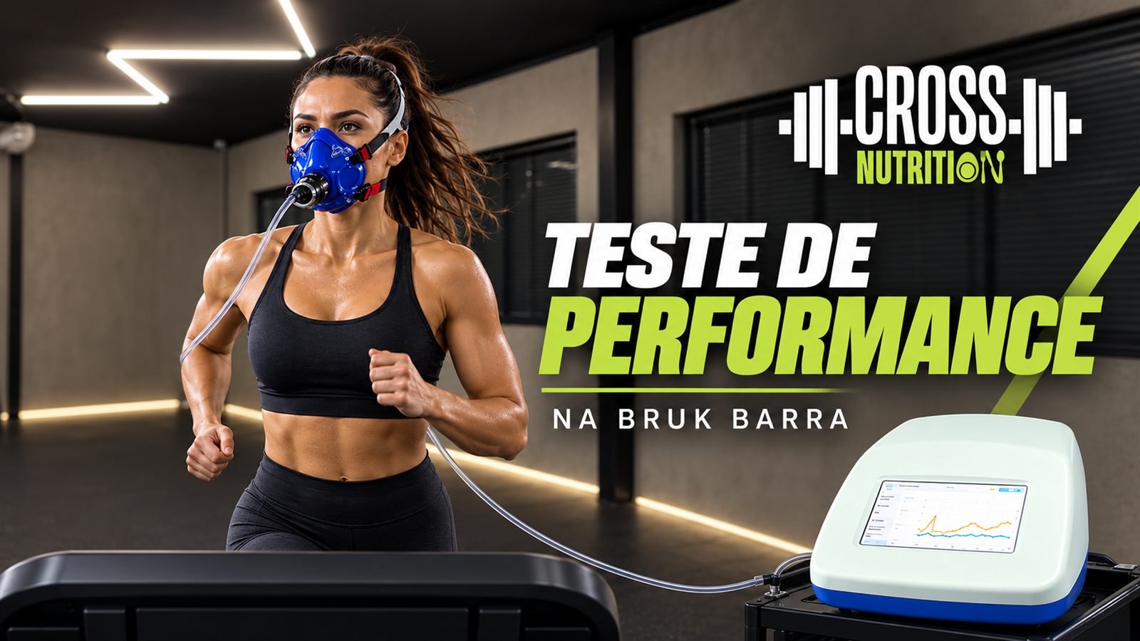 Teste de performance na Bruk Barra: atleta correndo conectada ao analisador metabólico