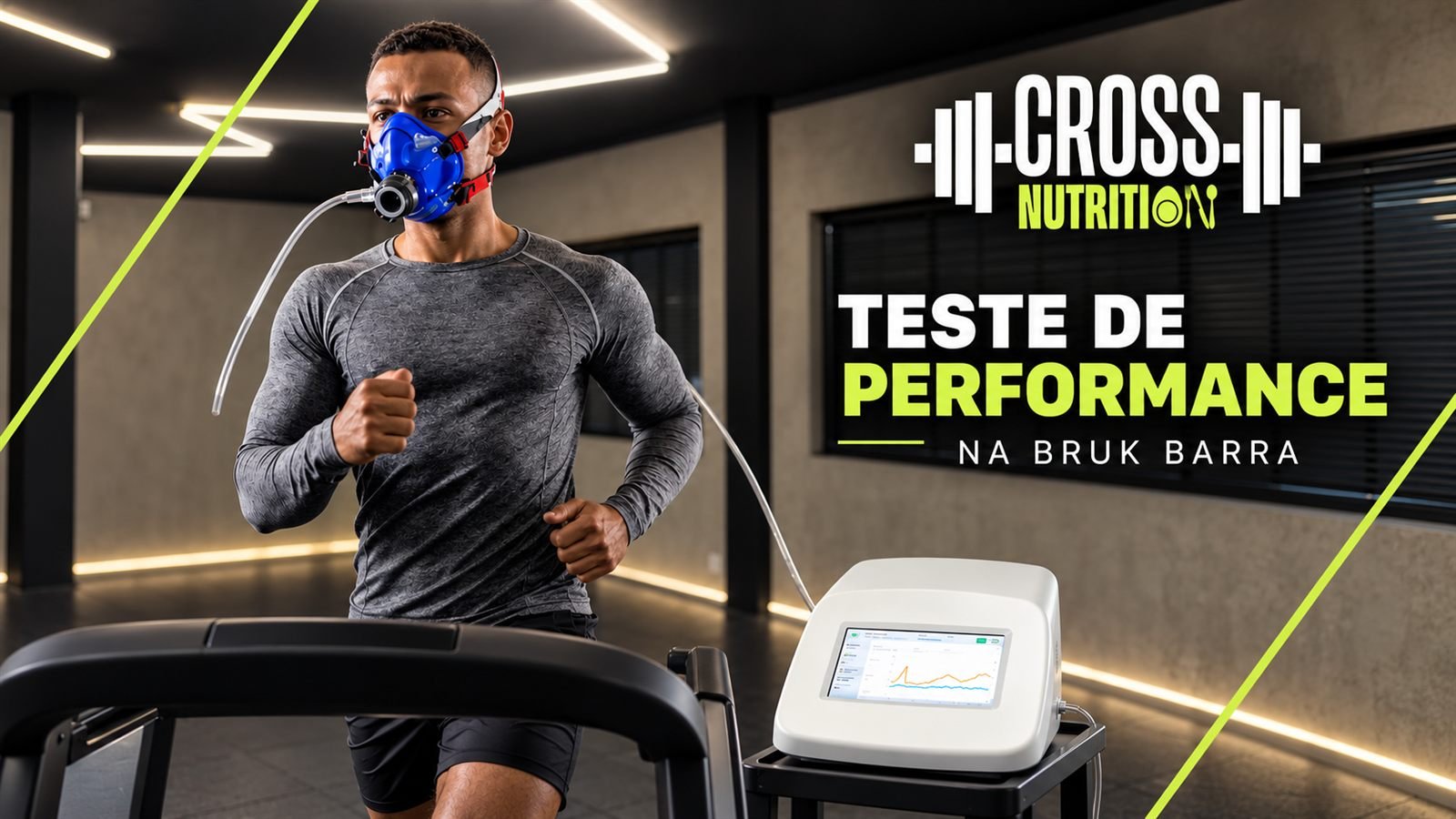 Teste de performance na Bruk Barra: atleta na esteira com máscara e analisador